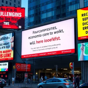 Protest billboards highlighting corporate exploitation and economic issues.