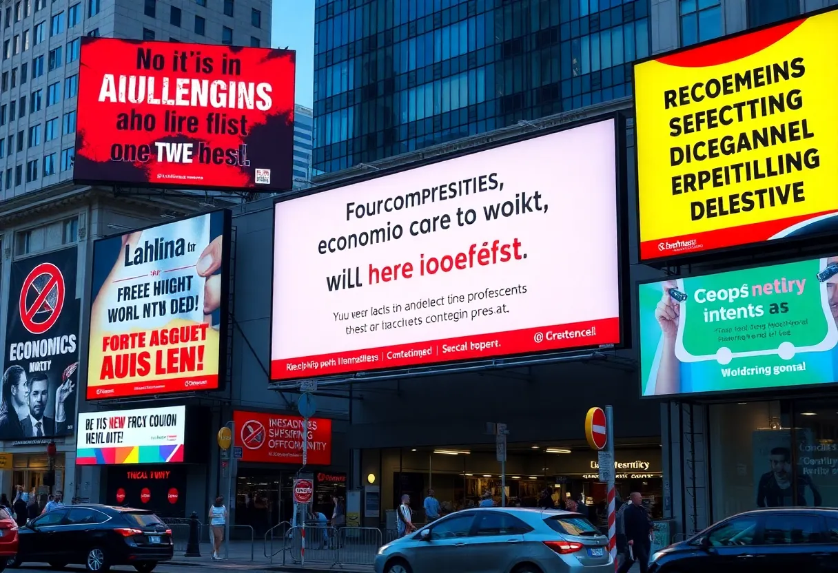 Protest billboards highlighting corporate exploitation and economic issues.