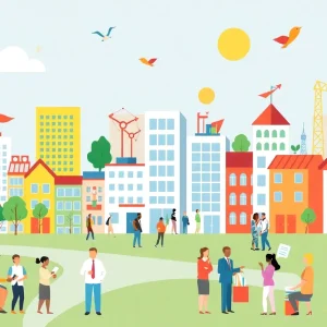 Illustration showcasing economic development activities in a community setting