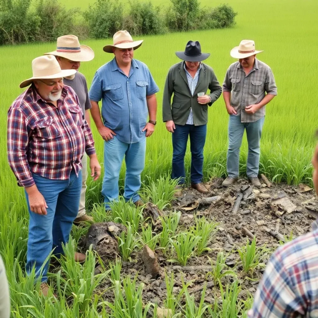 Farmers assessing crop damage in a field