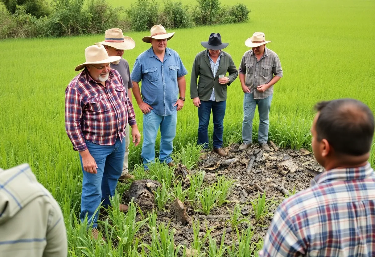 Farmers assessing crop damage in a field