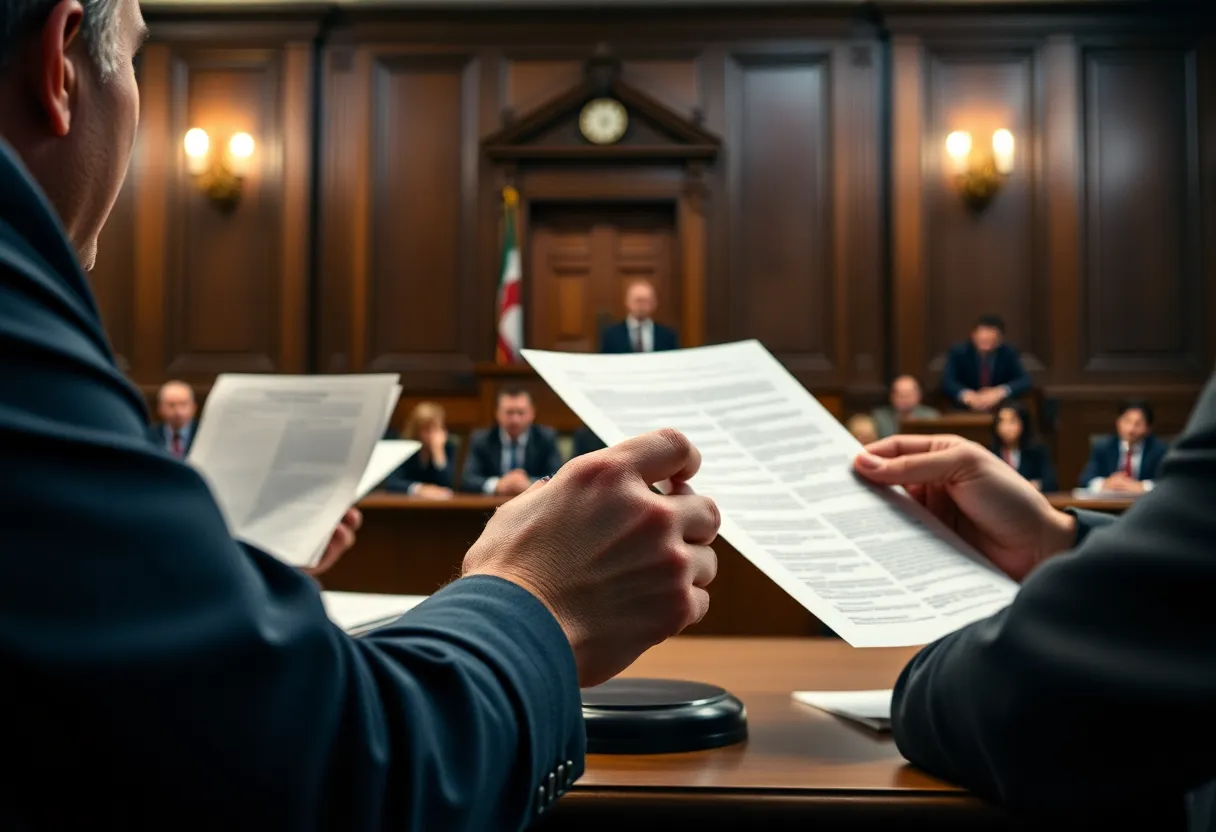 Courtroom scene depicting financial fraud investigation