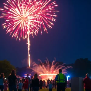 Colorful fireworks above a park during the Fourth of July celebration