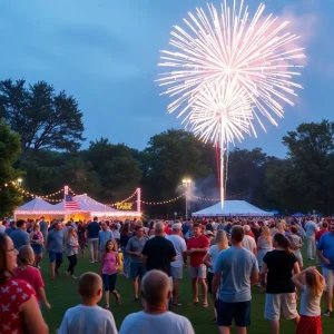 Families enjoying the Fourth of July celebration in Augusta with fireworks in the background.