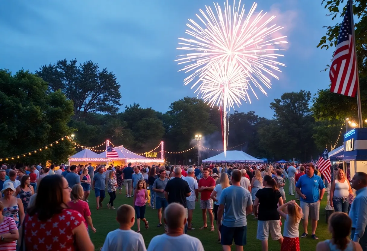 Families enjoying the Fourth of July celebration in Augusta with fireworks in the background.