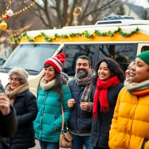 Community members enjoying a festive outdoor celebration with a transportation vehicle in view.