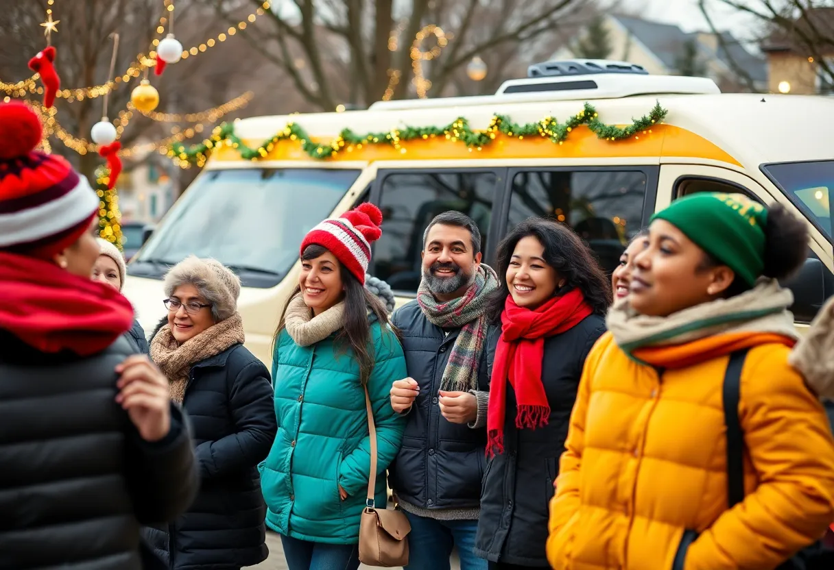 Community members enjoying a festive outdoor celebration with a transportation vehicle in view.