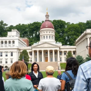 Image of the Georgia Capitol building with citizens discussing tax policies.