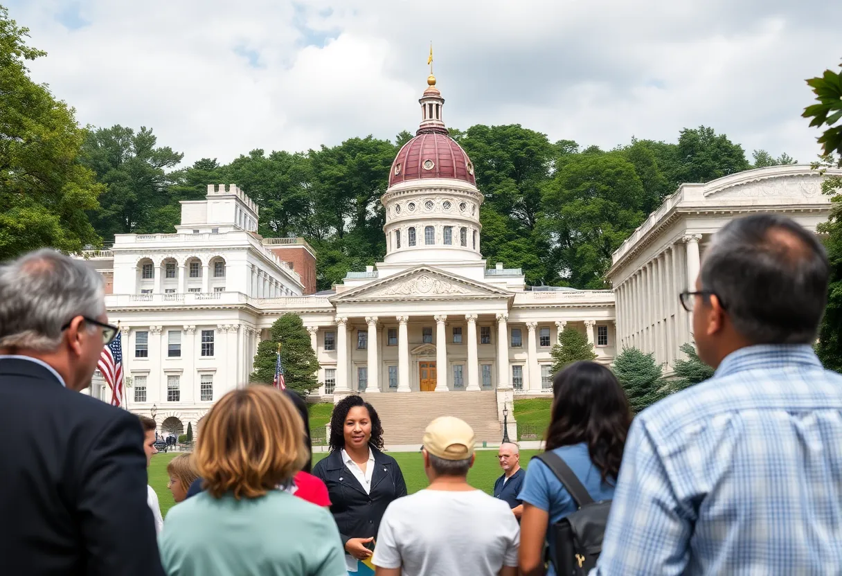 Image of the Georgia Capitol building with citizens discussing tax policies.
