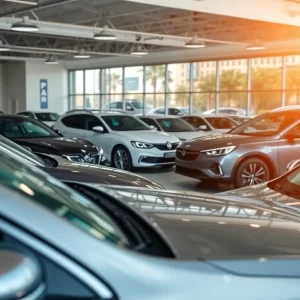 Display of new vehicles at a car dealership representing consumer rights and the Georgia Lemon Law