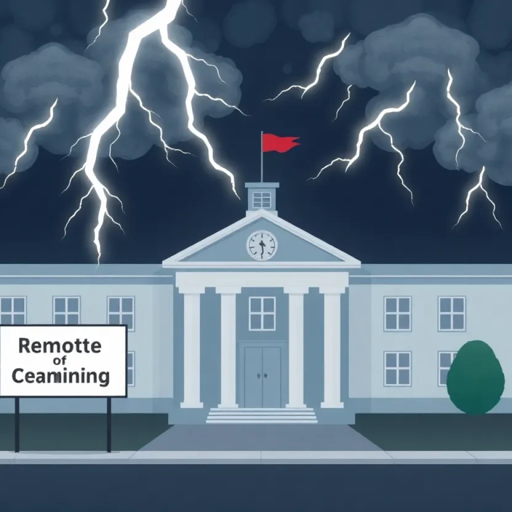 Remote learning sign in front of Georgia Military College amidst stormy weather