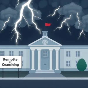 Remote learning sign in front of Georgia Military College amidst stormy weather