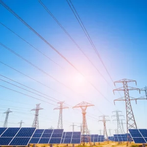 A view of Georgia Power's modern energy infrastructure with solar panels and transmission lines.