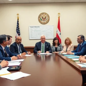 Lawmakers discussing Georgia state tax policies in a conference room