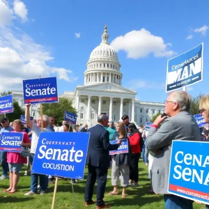 Political scene of the Georgia Senate race with campaign signs and voters discussing