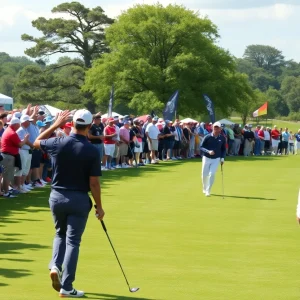 Players competing in a golf tournament with spectators in the background.