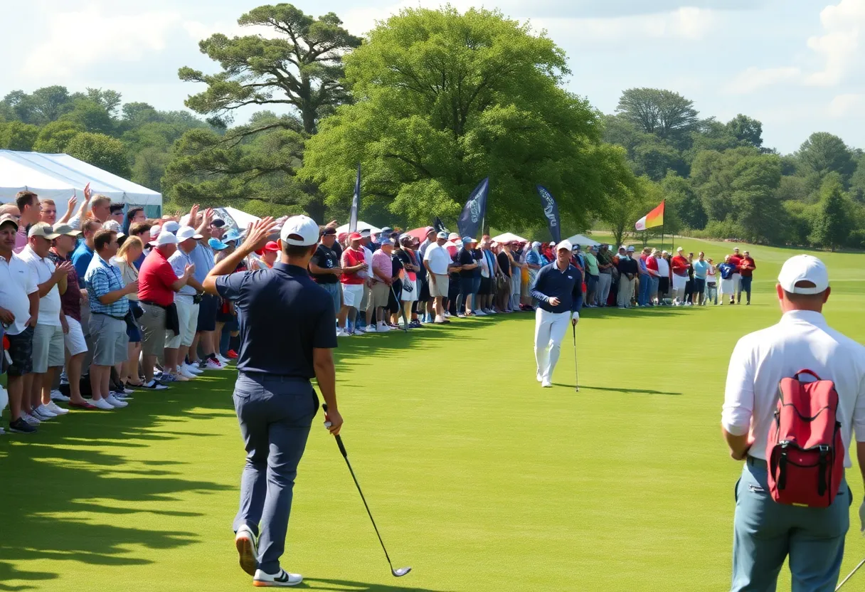 Players competing in a golf tournament with spectators in the background.