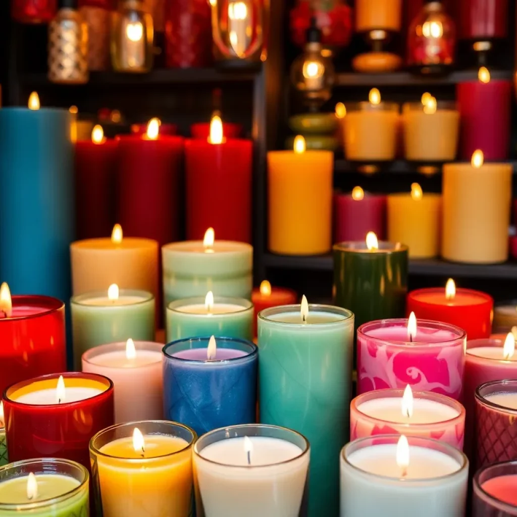 Display of unique handcrafted candles in various colors and fragrances.