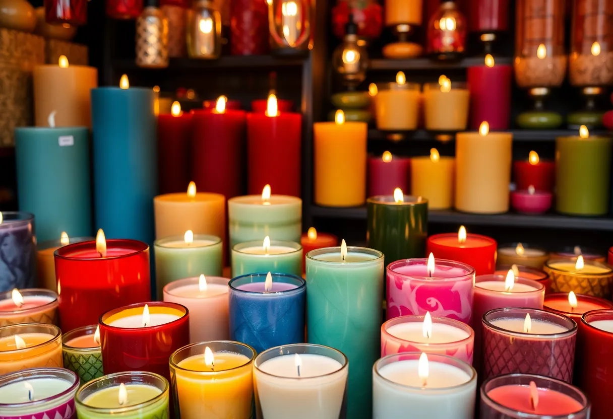 Display of unique handcrafted candles in various colors and fragrances.