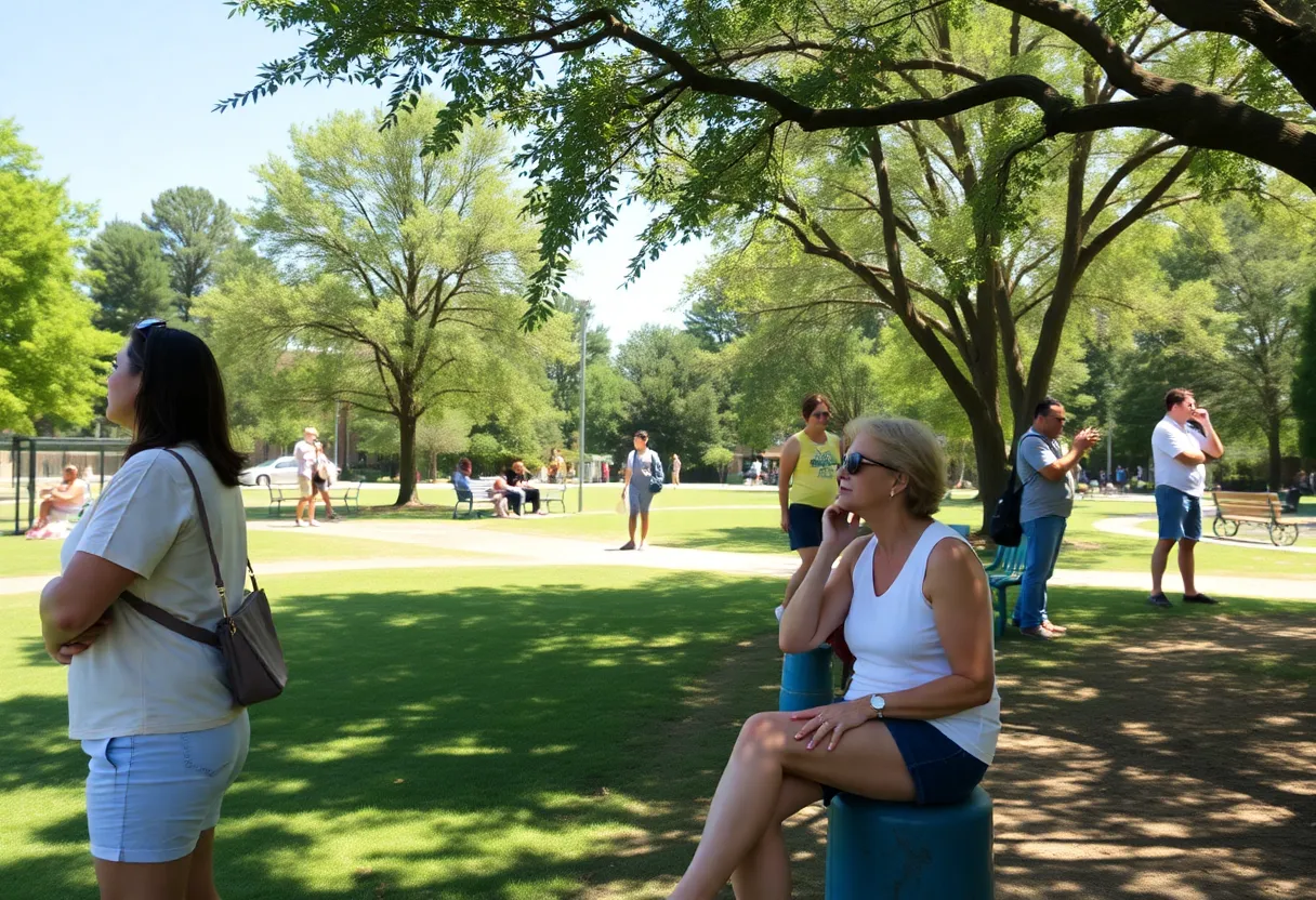 People in Augusta, Georgia under a heat advisory, seeking shade and wearing light clothing.