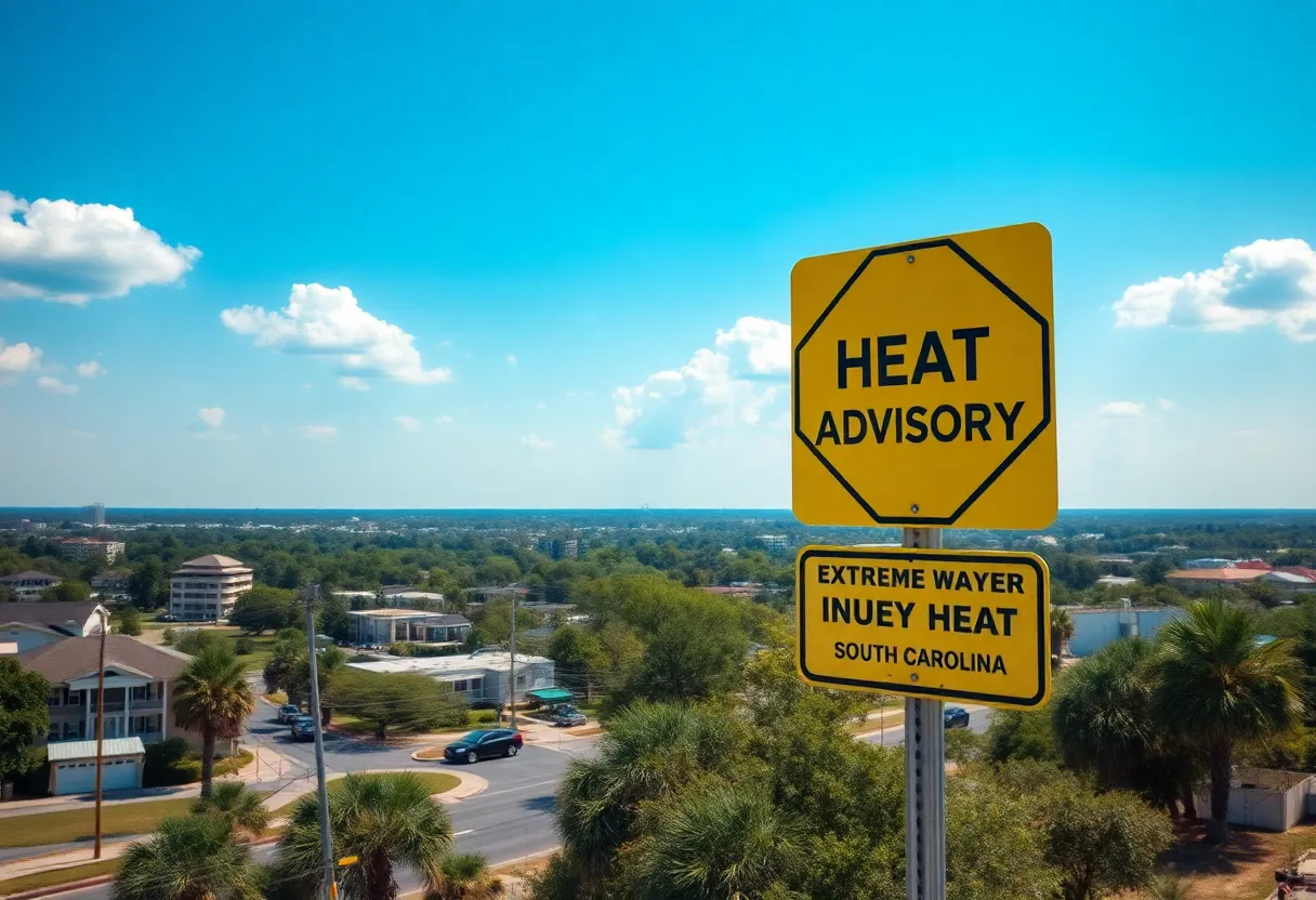 Heat advisory sign in a hot urban area