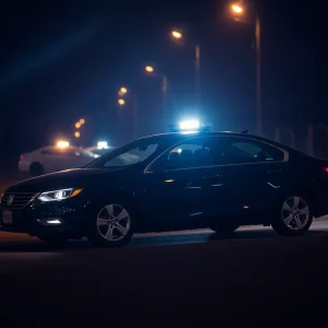 Police lights illuminating a dark road where a hit-and-run occurred.