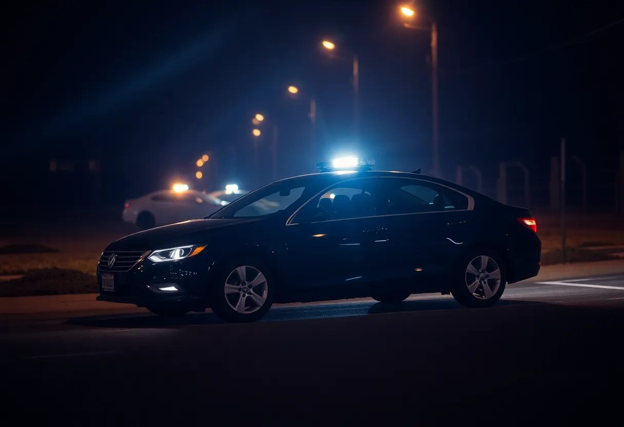 Police lights illuminating a dark road where a hit-and-run occurred.