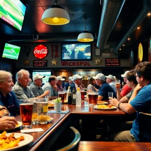 A lively dining scene at a sports bar during a golf tournament.