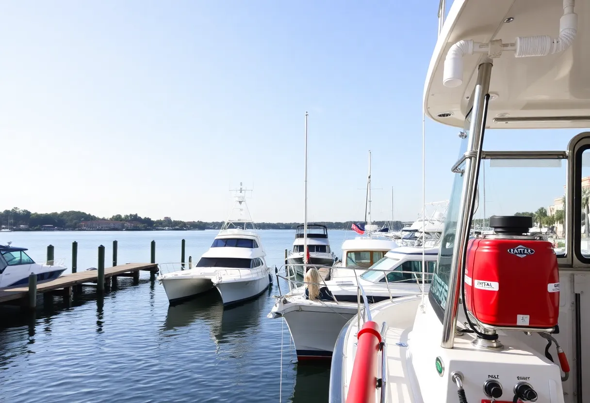View of the Augusta Riverwalk with docked houseboats, emphasizing safety equipment.