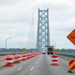 Construction on I-20 Savannah River Bridge with caution signs