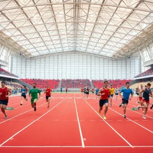 Runners competing on an indoor track at Augusta University