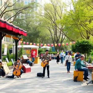 Conceptual design for James Brown Linear Park featuring interactive displays and musical themes
