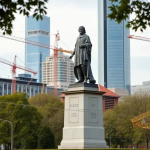 Statue of James Brown being temporarily relocated for construction.