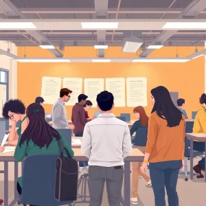 Interior view of a job training center with people learning and collaborating.