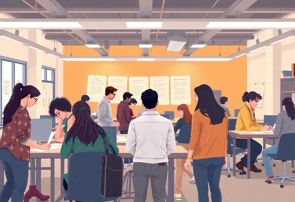 Interior view of a job training center with people learning and collaborating.