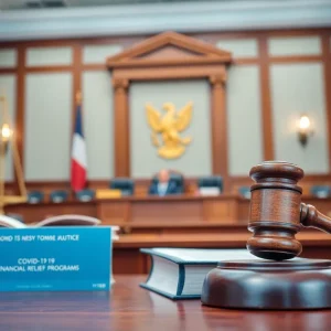Courtroom scene representing justice in COVID relief fraud cases