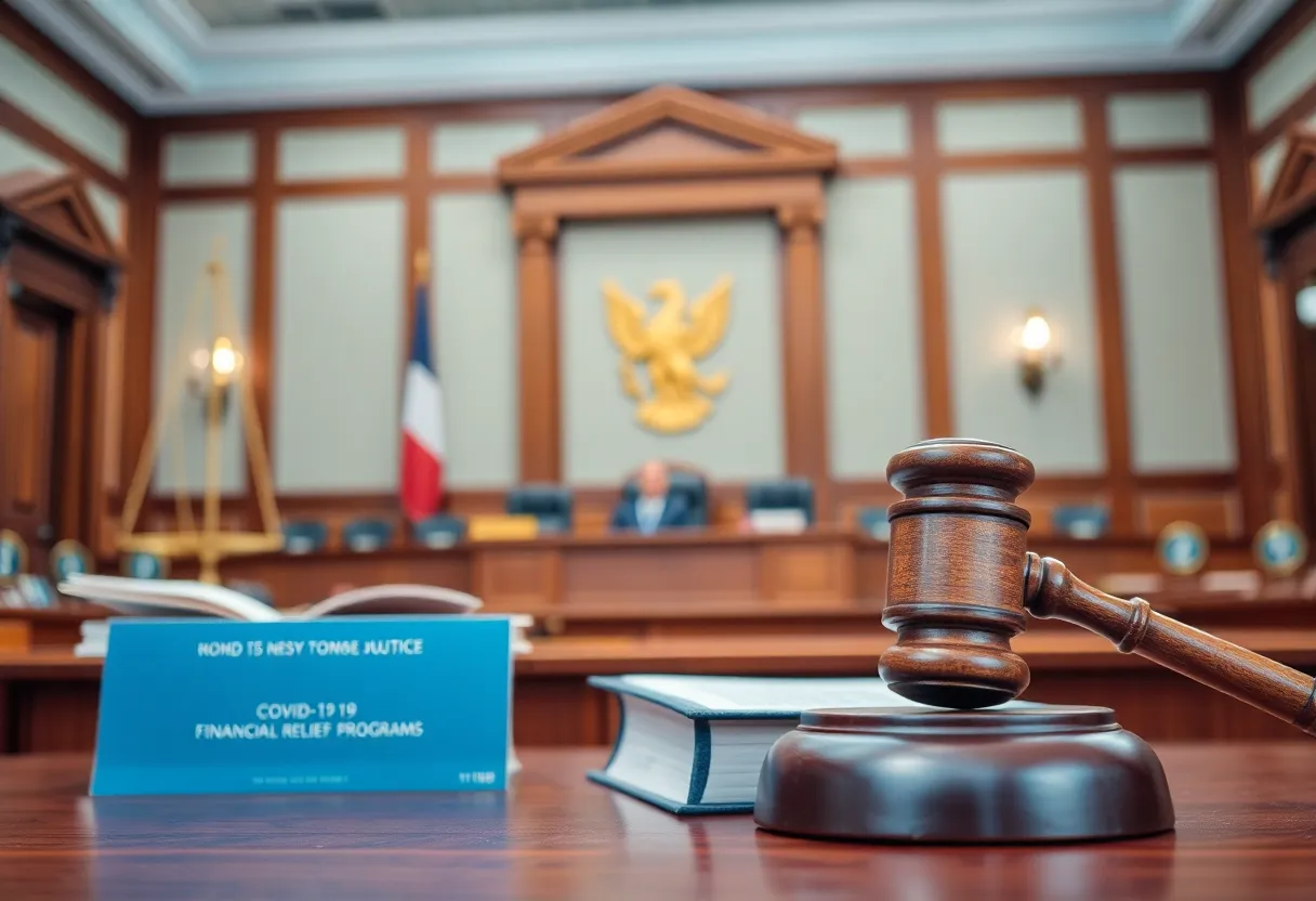 Courtroom scene representing justice in COVID relief fraud cases