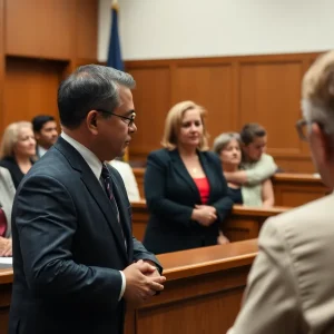 Courtroom scene highlighting the emotional support for a victim during a trial.