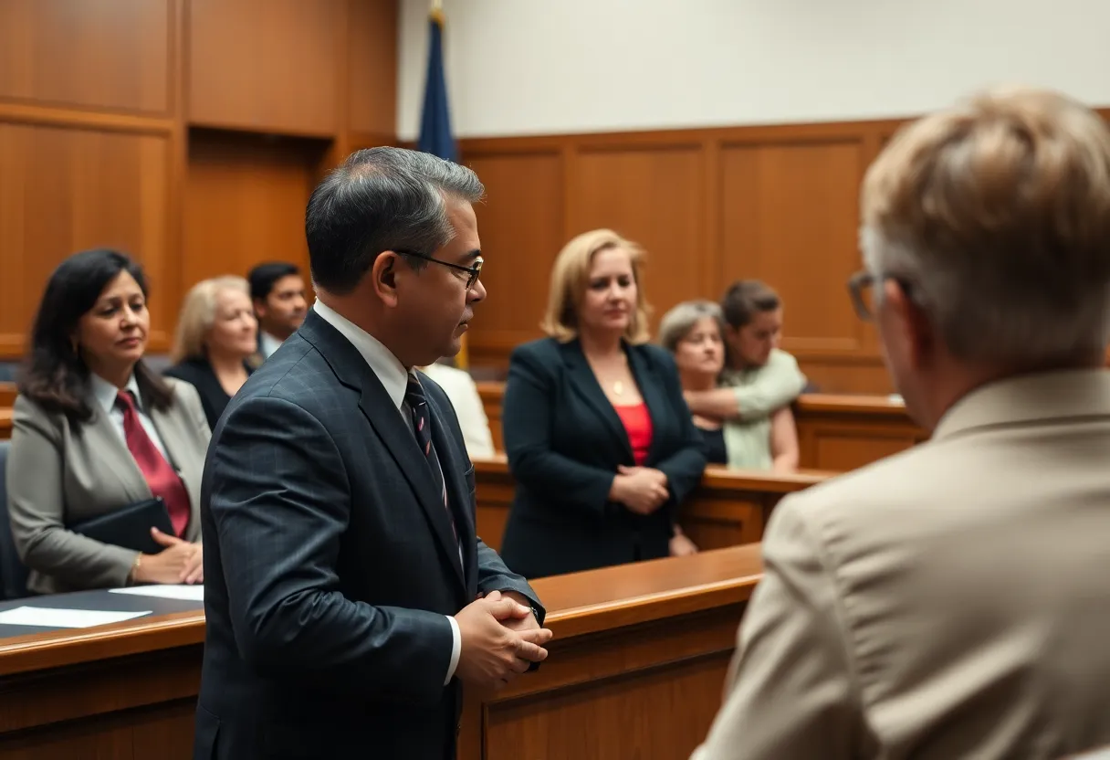 Courtroom scene highlighting the emotional support for a victim during a trial.