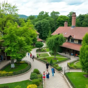 Historical park landscape showcasing an 18th-century village
