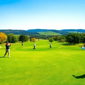 LMU men's golf team practicing on a scenic golf course