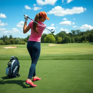 Female golfer practicing swing at golf course