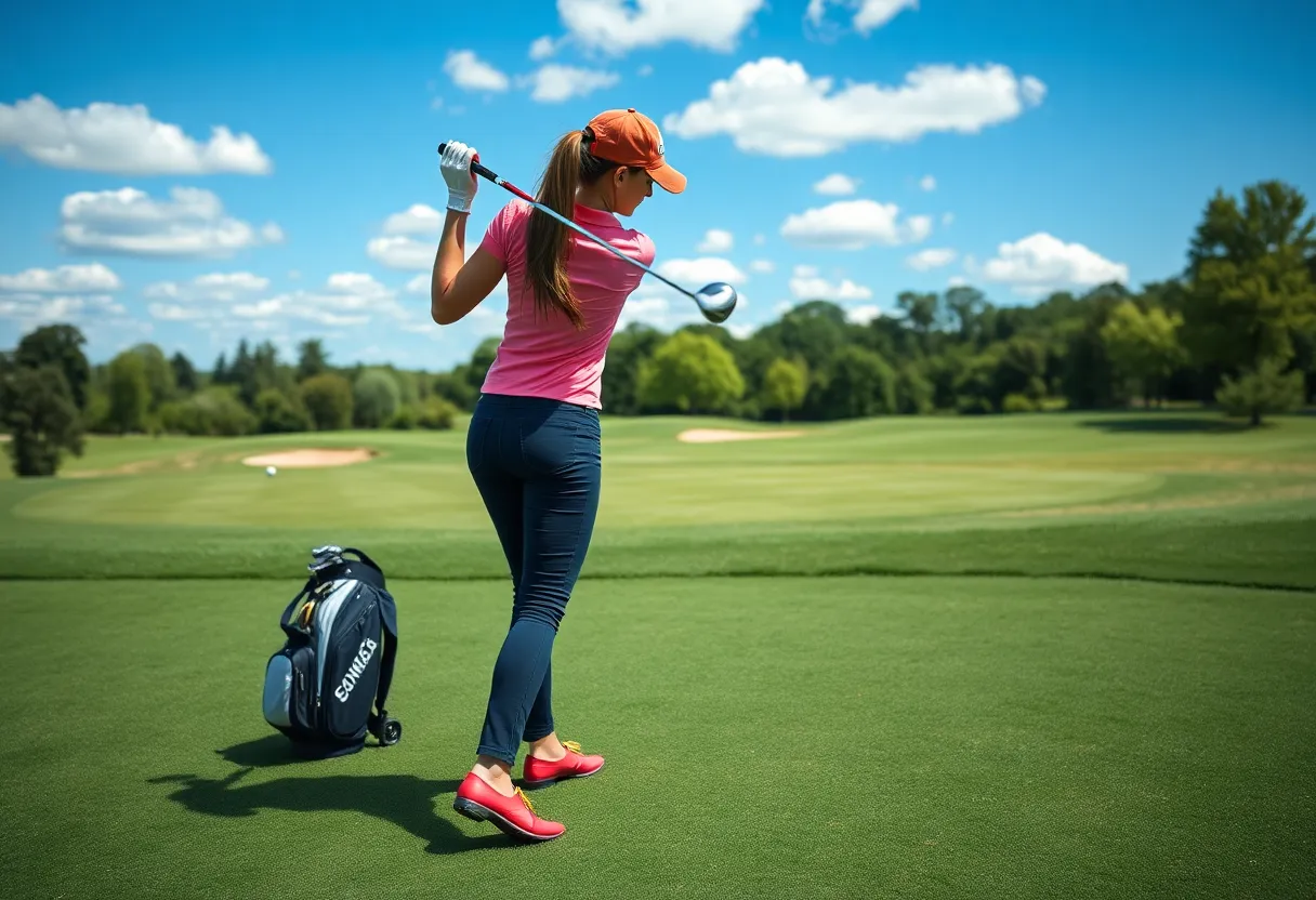 Female golfer practicing swing at golf course