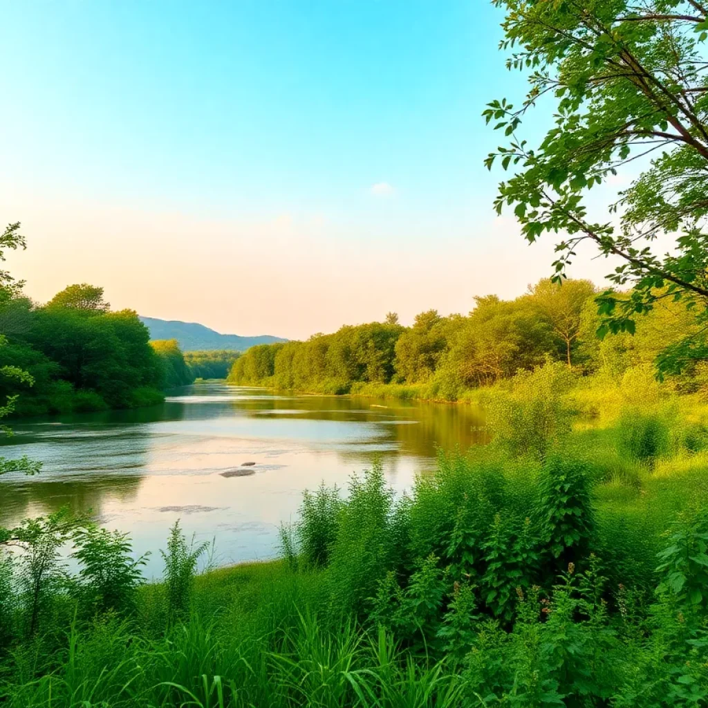 A serene view of a river in Georgia surrounded by trees and greenery.