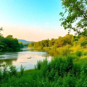 A serene view of a river in Georgia surrounded by trees and greenery.