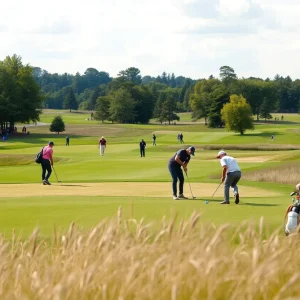 Golfers on a lush golf course during a tournament