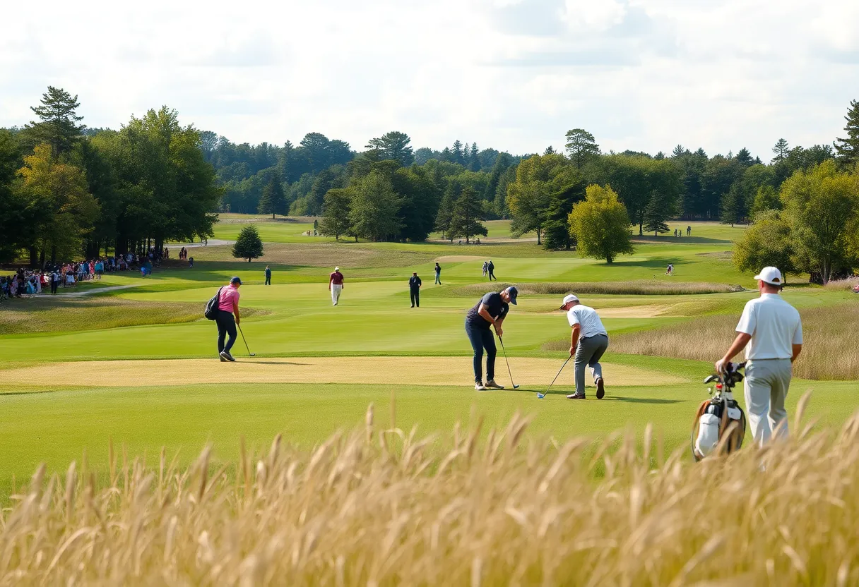 Golfers on a lush golf course during a tournament