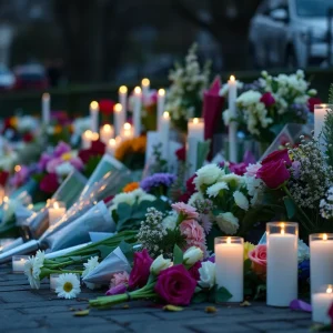 Memorial setup with flowers and candles in honor of Peggy Oris Boatright Smith