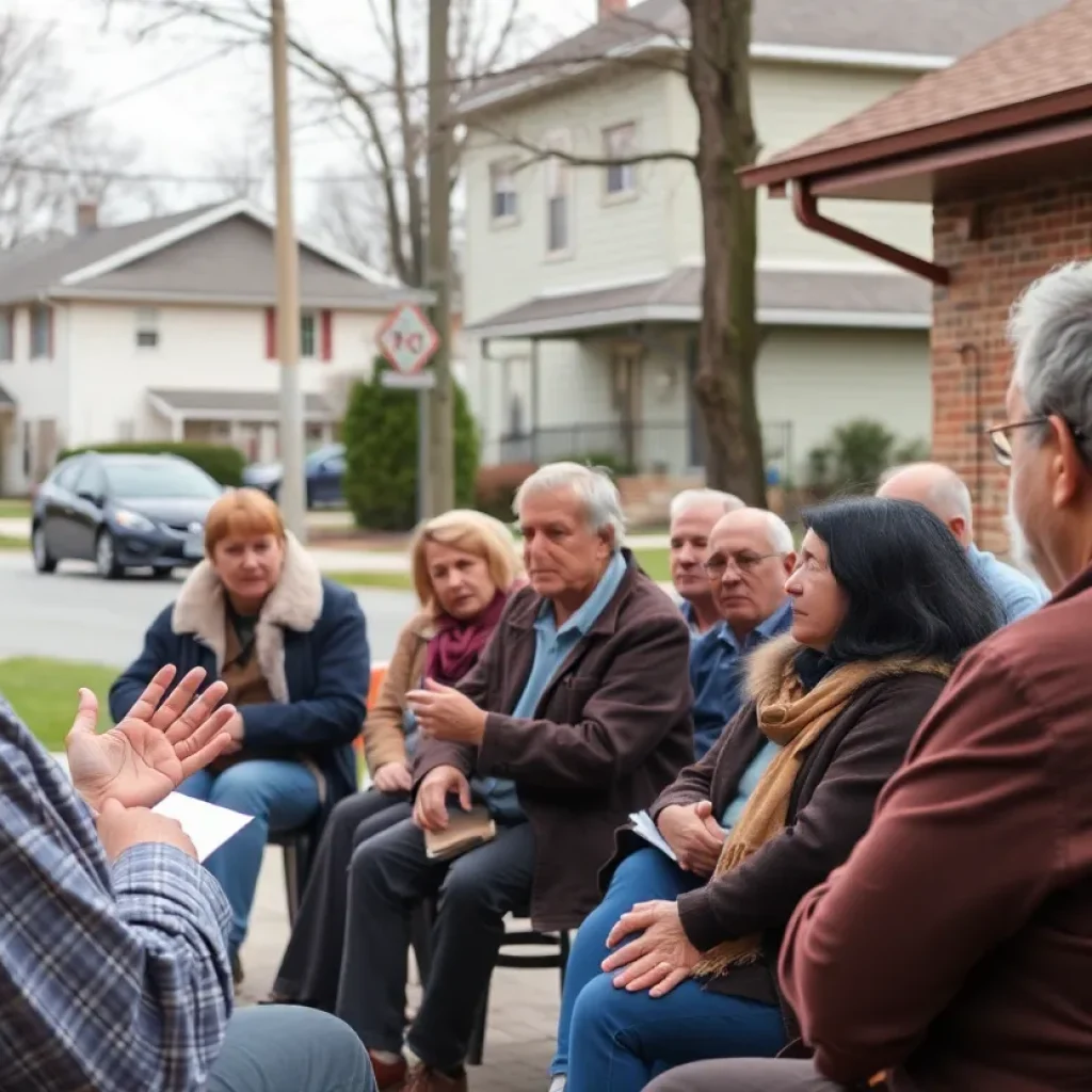 Residents discussing concerns about Parker's Kitchen development at community meeting