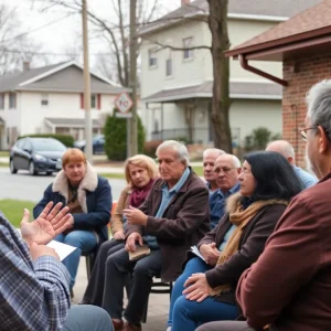 Residents discussing concerns about Parker's Kitchen development at community meeting